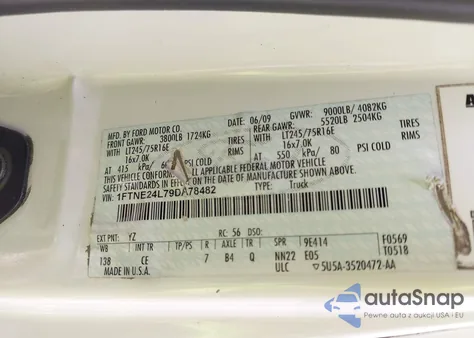 2009 Ford E-250 Commercial/Recreational z USA, uszkodzony, nr VIN 1FTNE24L79DA78482